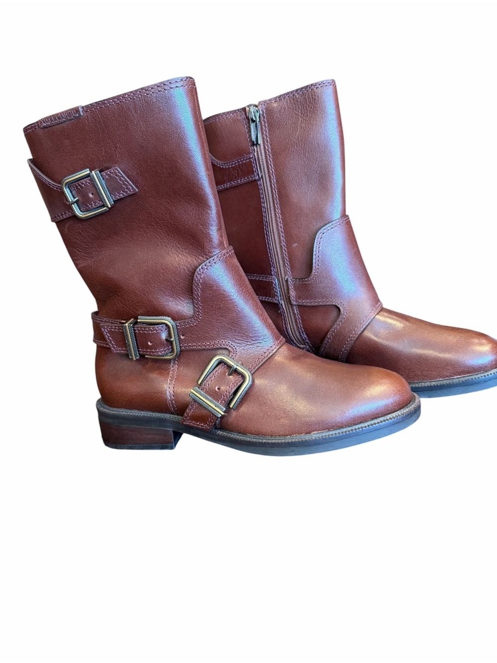 New Vince Camuto Alicenta Boots in Brown leather with buckle details.
